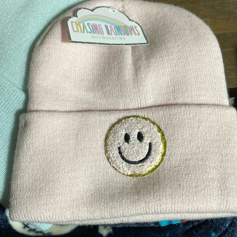 Chasing Rainbows NWT 2 pack knit hats, pink with smiley face and plain blue